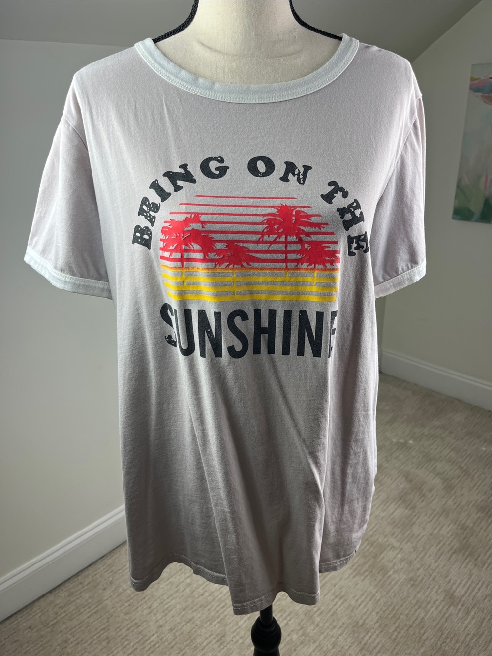 Nlife Sunshine Palm Tree Graphic Tee Women’s XL Gray Ringer Short Sleeve